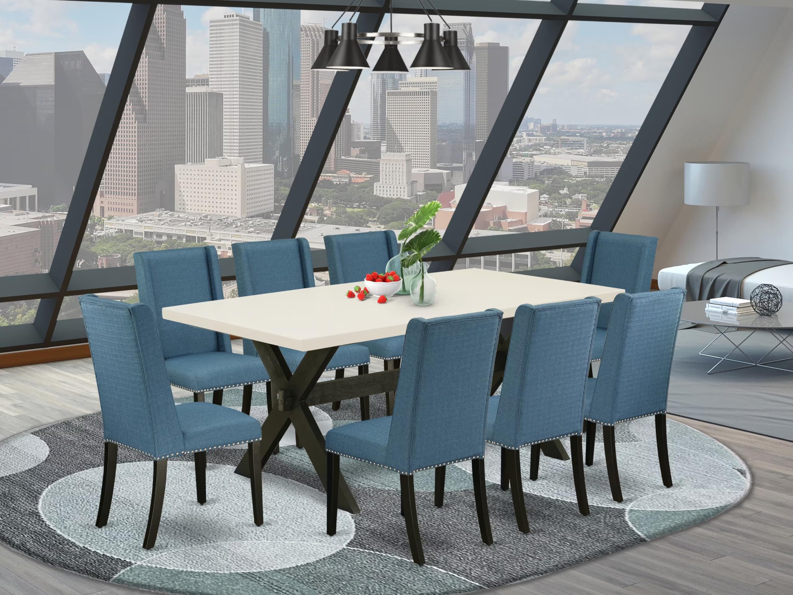 East West Furniture X627Fl121-9 9 Piece Kitchen Table & Chairs Set Includes A Rectangle Dining Room Table With X-Legs And 8 Blue Linen Fabric Parson Dining Chairs, 40X72 Inch, Multi-Color